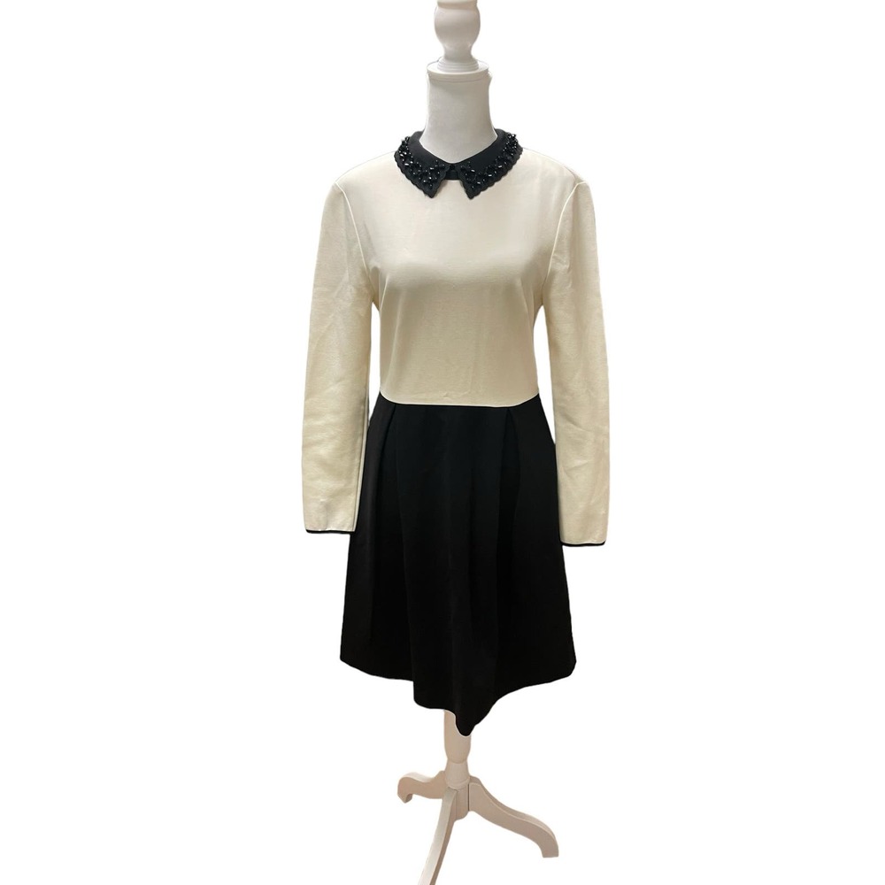 Size 2 Ted Baker traditional black white dress beaded Peter Pan Collar Back zip